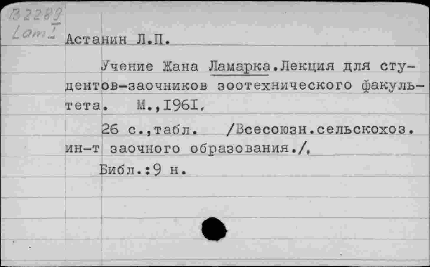 ﻿	Астанин Л.П.	
		Учение Жана Ламарка.Лекция для сту-
	дентов-заочников зоотехнического факуль-	
	тета	м.,1961,
		26 с.,табл. /Всесоюзн.сельскохоз.
	ин-т	заочного образования./,
	]	Вибл. :9 н.
		
		
		